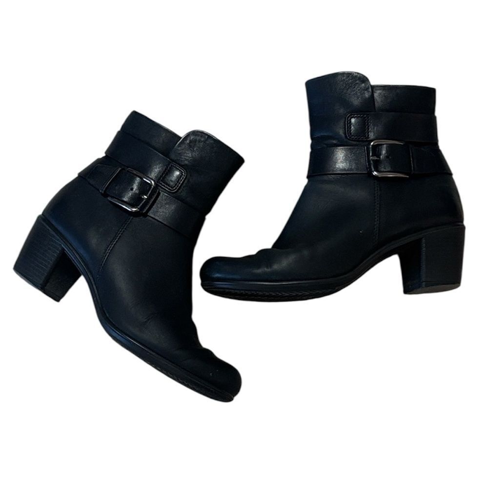 Ecco Black Leather Buckle Ankle Boots, booties6.5